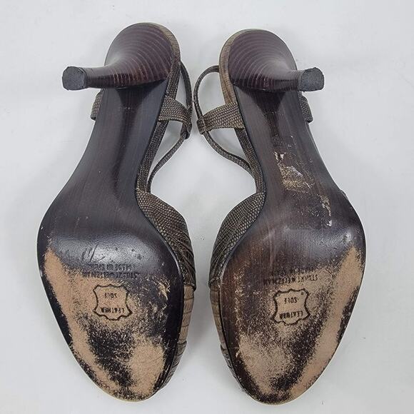 Stuart Weitzman Snakeskin Strappy Pumps Leather Peep Toe Brown Size 7.5M - Picture 7 of 7